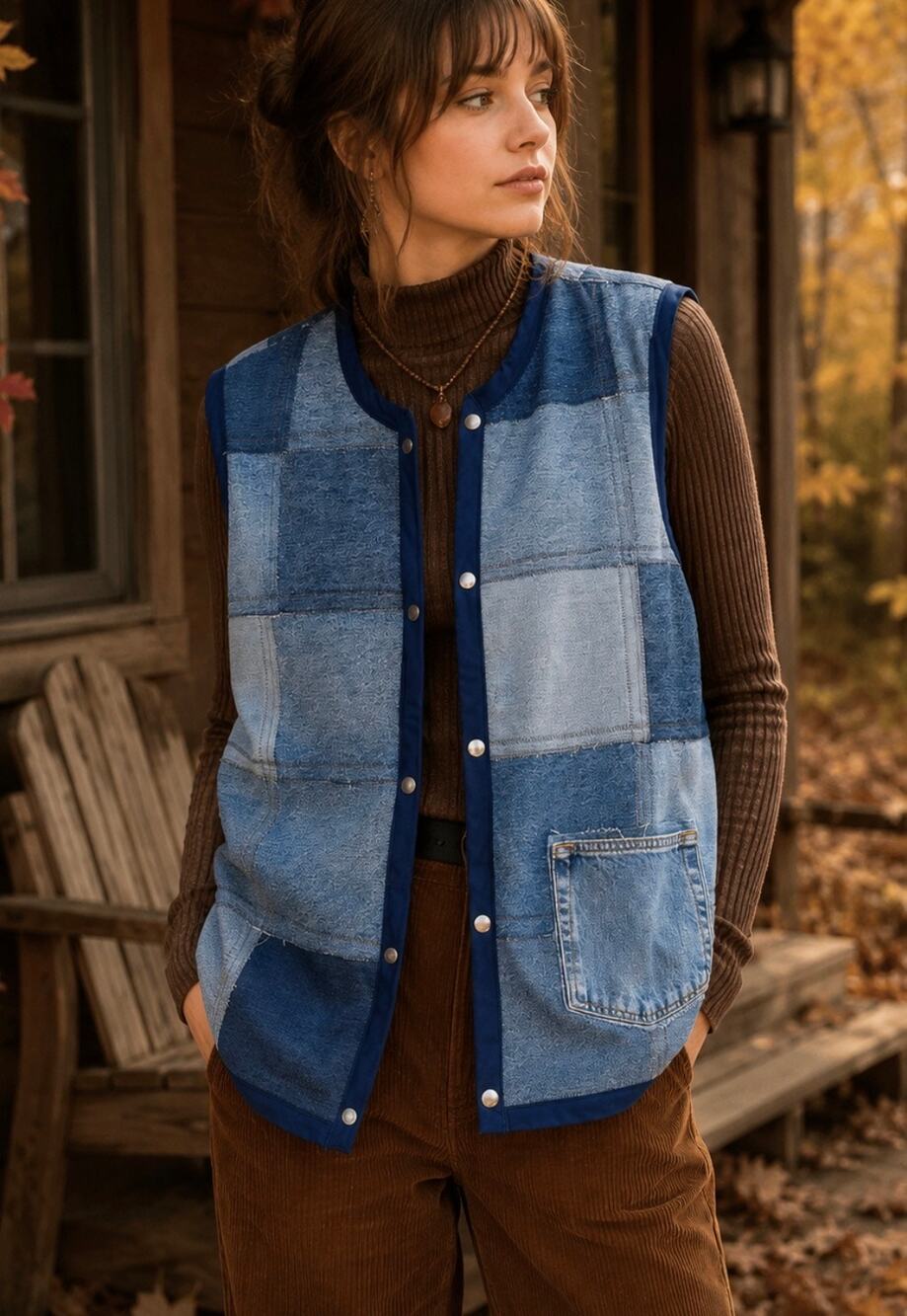 Vintage Denim Patchwork lined Vest western boho festival fall Handmade retro XL